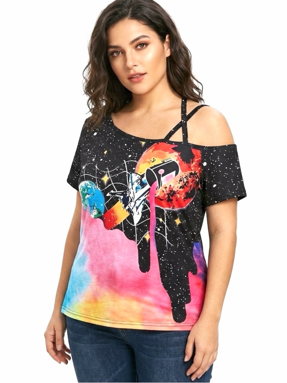 New Woman’s Artistic Galaxy Rainbow Pour Paint Bucket Unique Cold Shoulder Tee